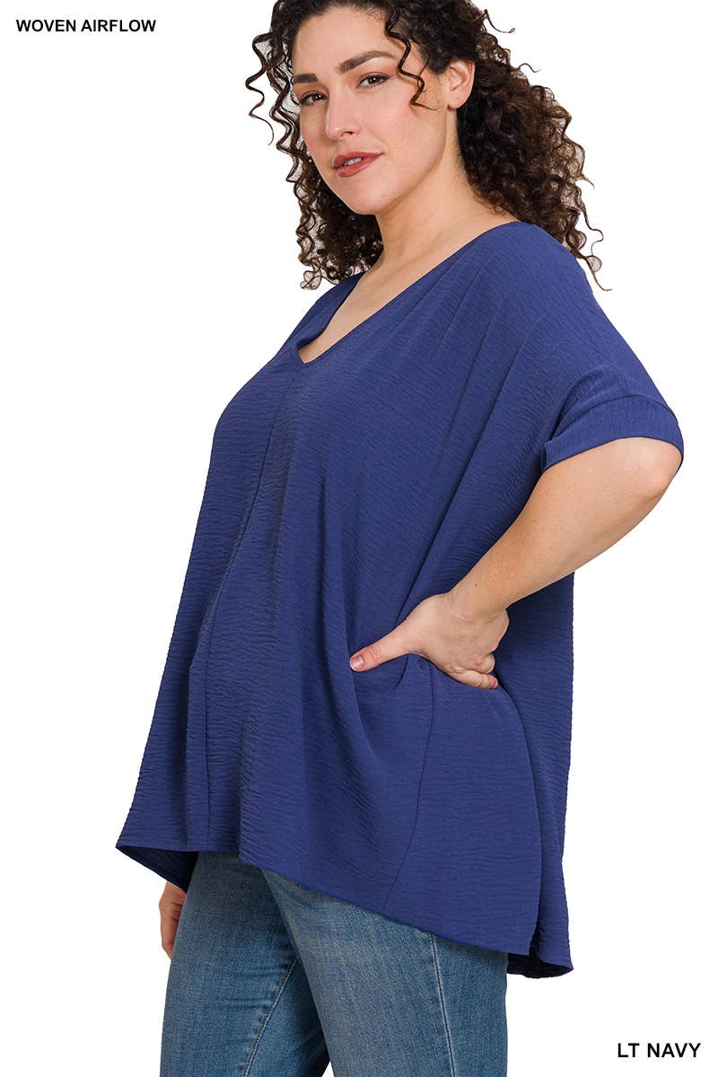42POPS - PLUS SIZE WOVEN AIRFLOW V-NECK DOLMAN SHORT SLEEVE TOP: LT NAVY-152211 / 1X