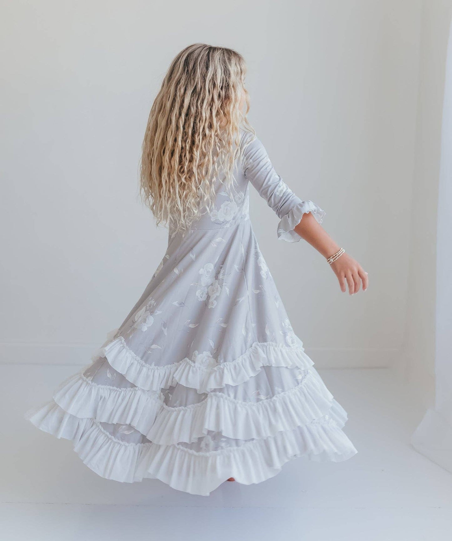 Oopsie Daisy - Girls Winter Rose Floral Long Sleeve Ruffles Dress: 3/4