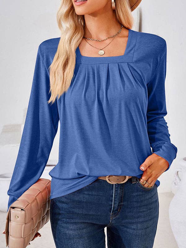 UZ Wholesale Store - Long Sleeves Loose Pleated Solid Color Square-Neck T-Shirts Tops: PINK / L
