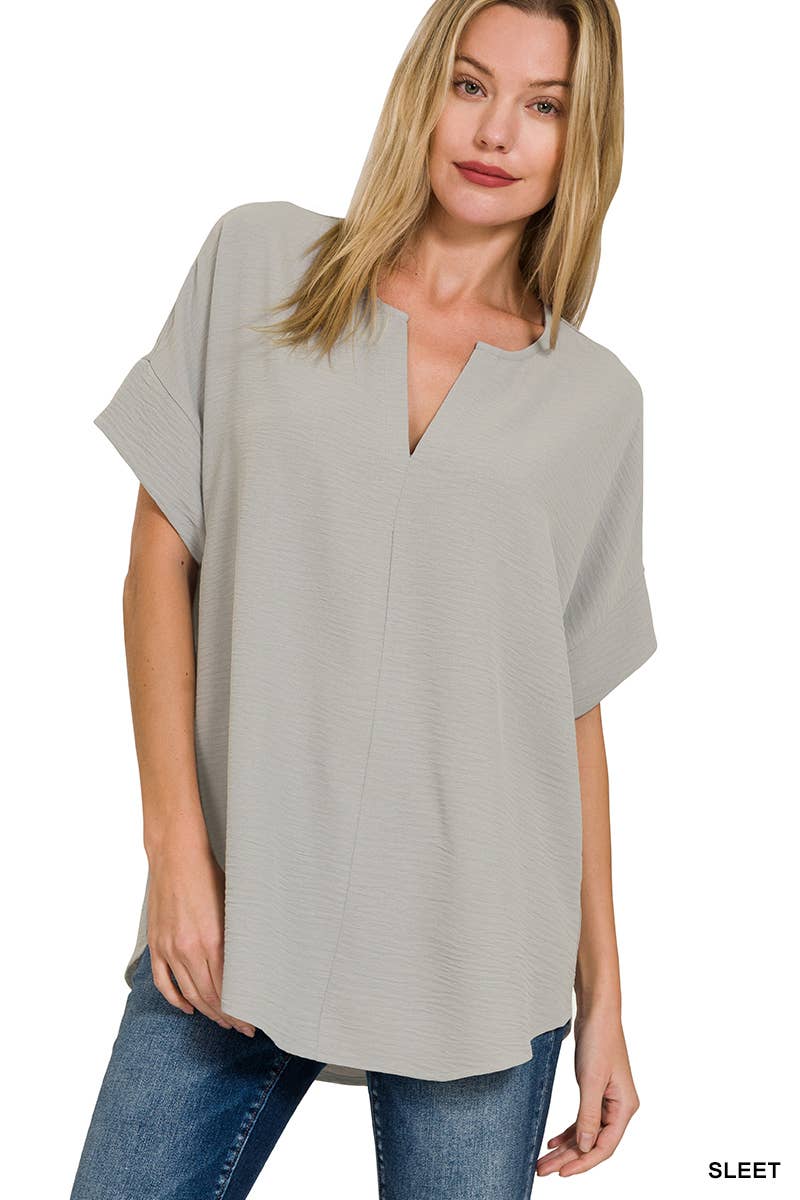 42POPS -Woven Airflow Split Neck Short Sleeve Top Fuschia