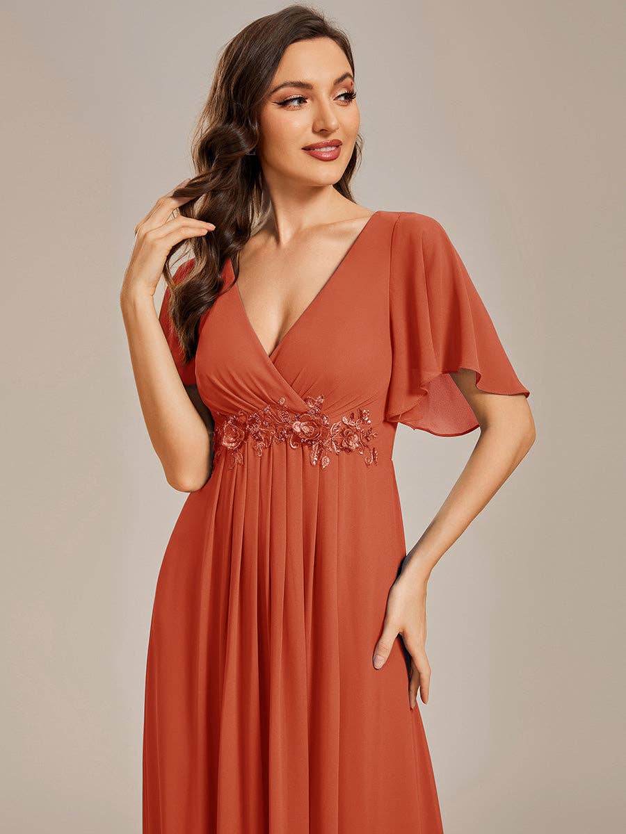 Ever-Pretty - V Neck Appliques Pleated Bridesmaid Dress: Burgundy / 12