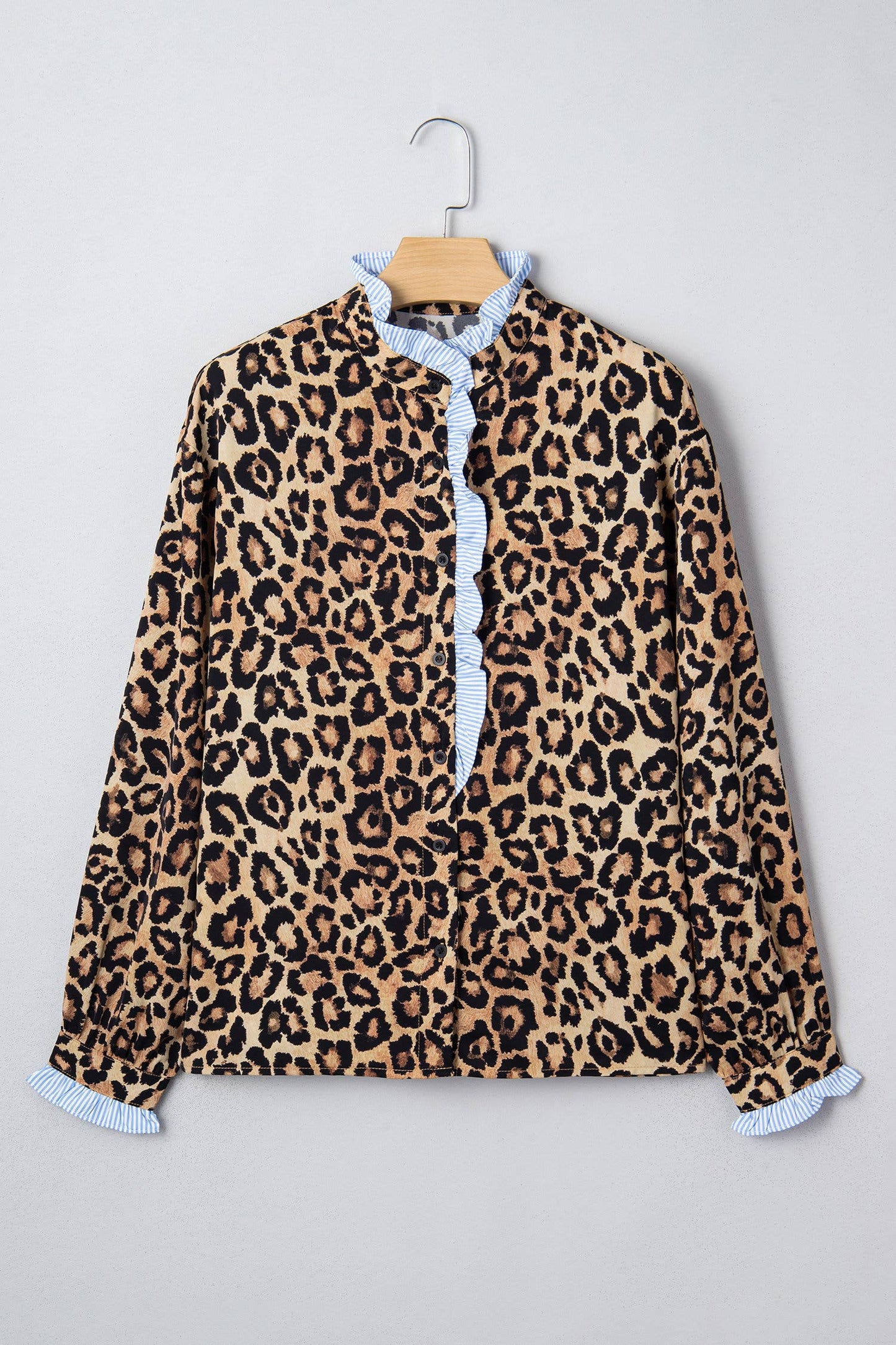 66DISCO - Leopard Print Stripe Frilled Mock Neck Shirt (S-XL): Brown / Missy / L
