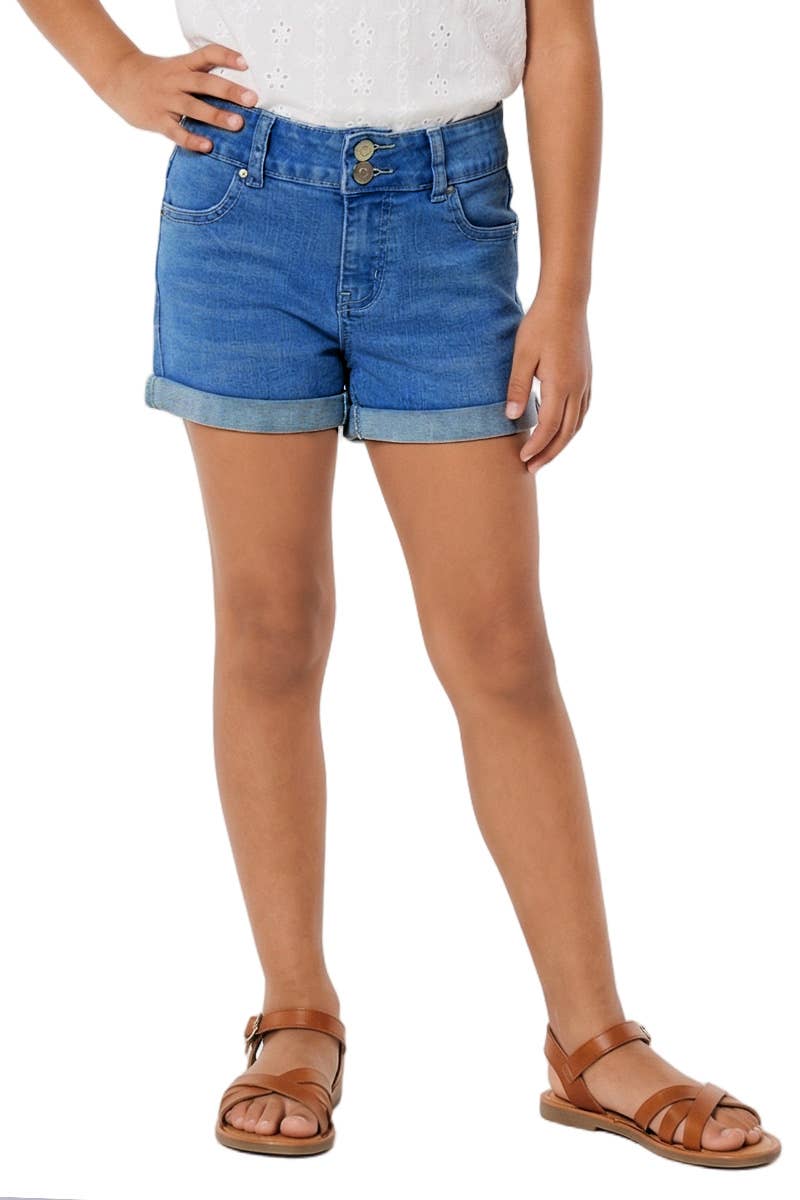 Cutie Patootie Clothing - GDS-22-89112B Girls Denim Short w/ 2 Buttons & Roll-Up Hem: Dark Denim