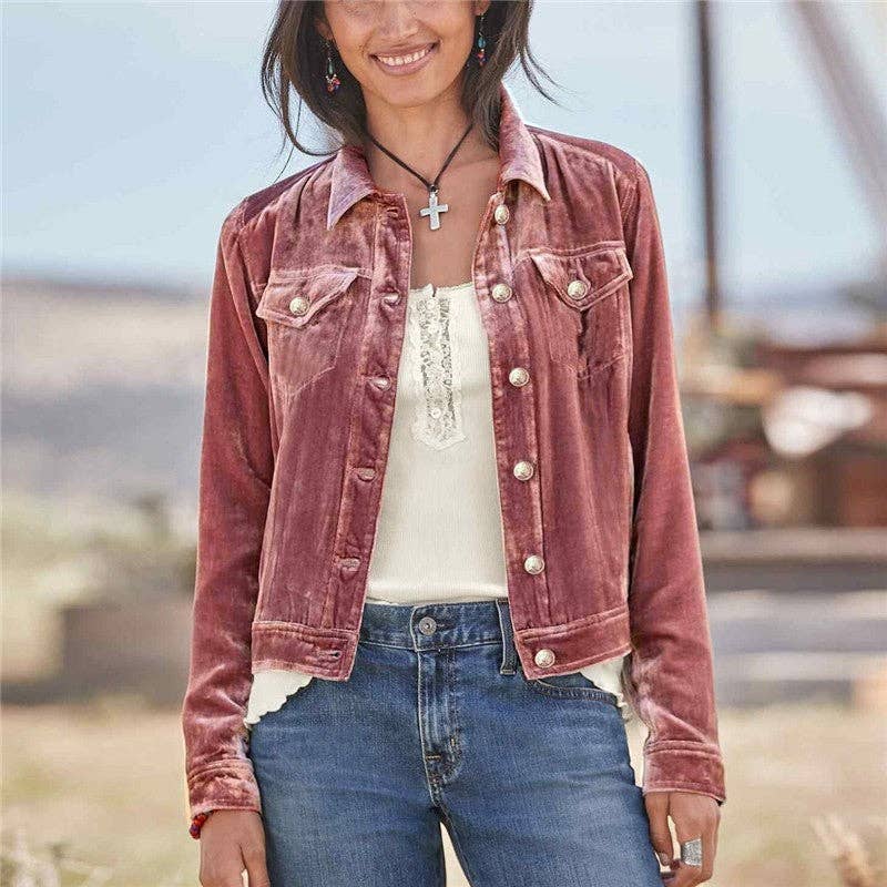 UZ Store - Solid Color Velvet Short Jacket Coat: ARMY GREEN