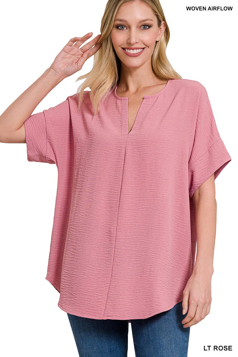 42POPS -Woven Airflow Split Neck Short Sleeve Top in Mint