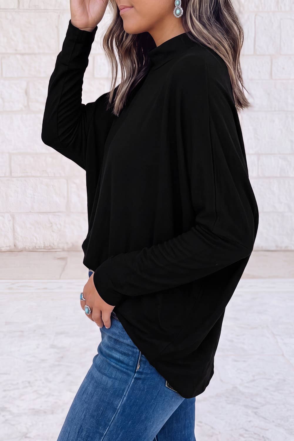 1 the Woman - Oversized Mock Neck Long Sleeve Layering Basic Blouse: Smoke Gray / XL