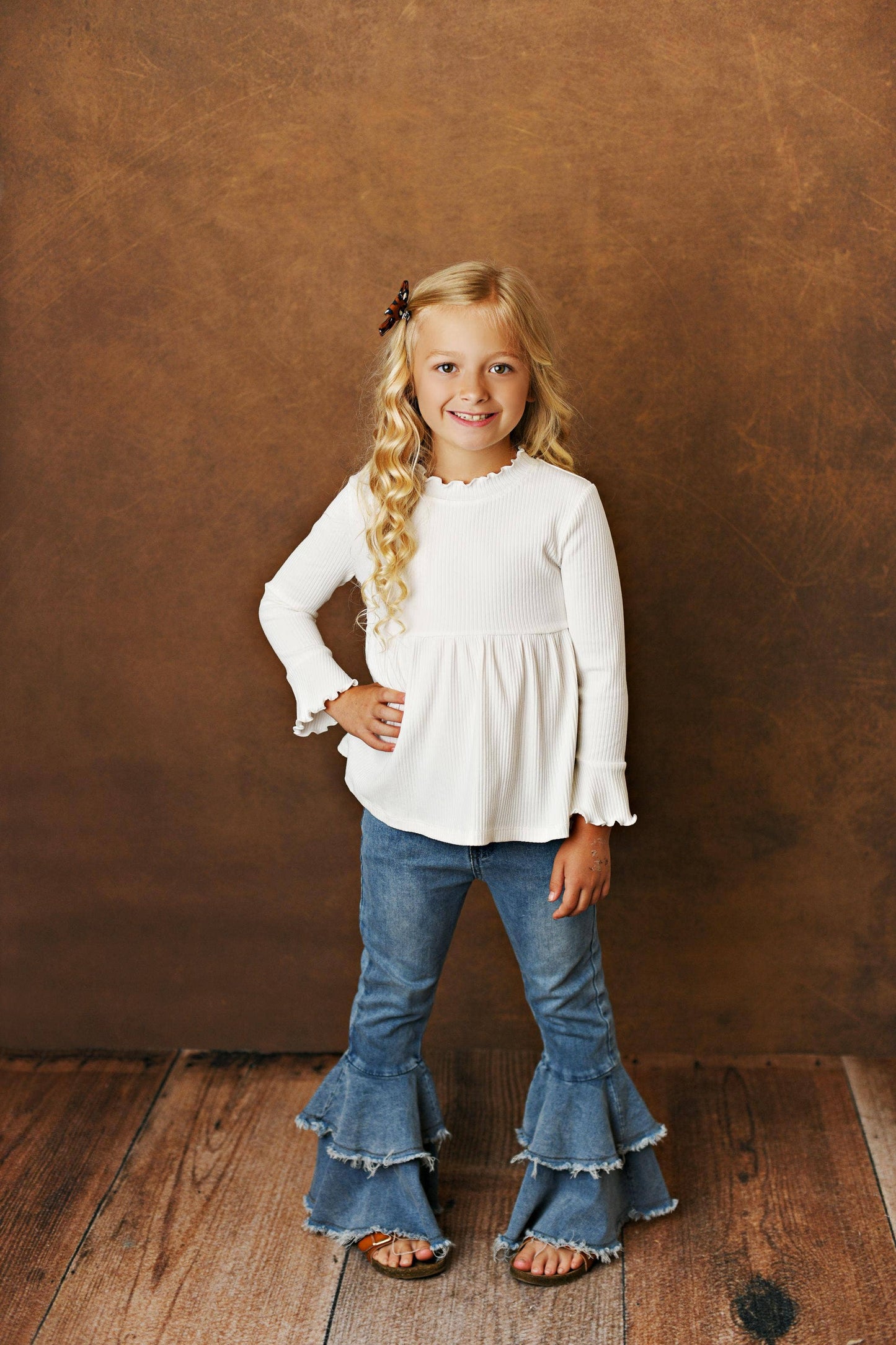 Oopsie Daisy - Kids White Long Sleeve Lettuce Trim Ribbed Fall Winter Shirt: 10/12