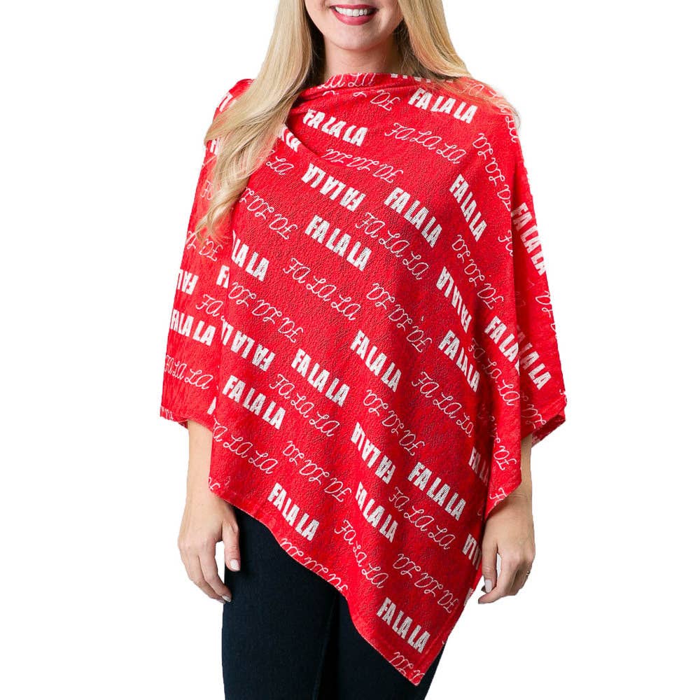 Top It Off - Emily Printed Holiday Poncho - Sale: Fa La La on Red