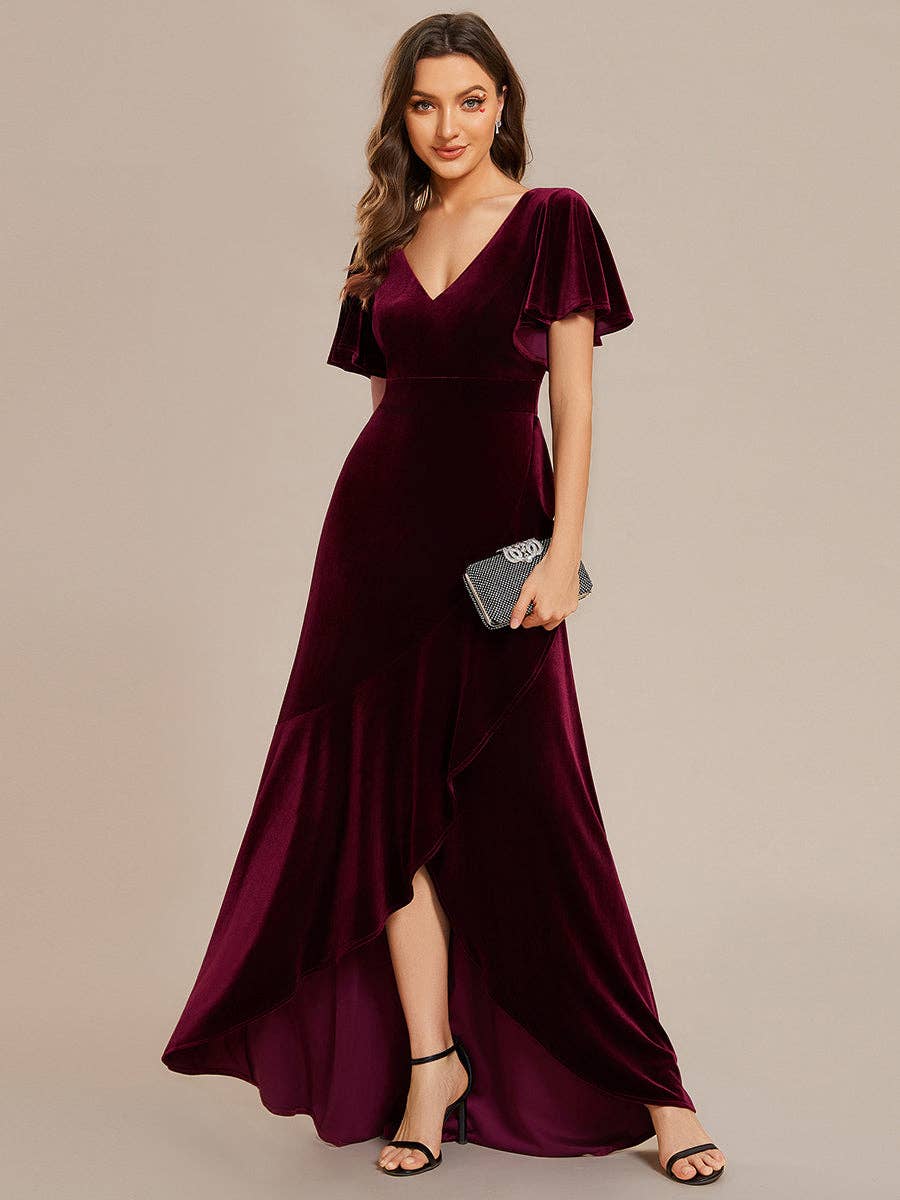 Ever-Pretty - High-low V Neck Evening Dress with Short Sleeves: Dark Purple