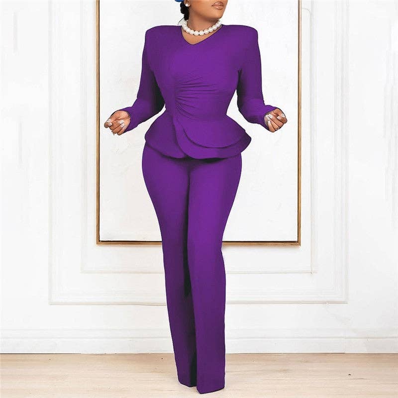 UZ Wholesale Store - Solid Color Ruffle V-Neck Two-Piece Set: PURPLE / 2XL