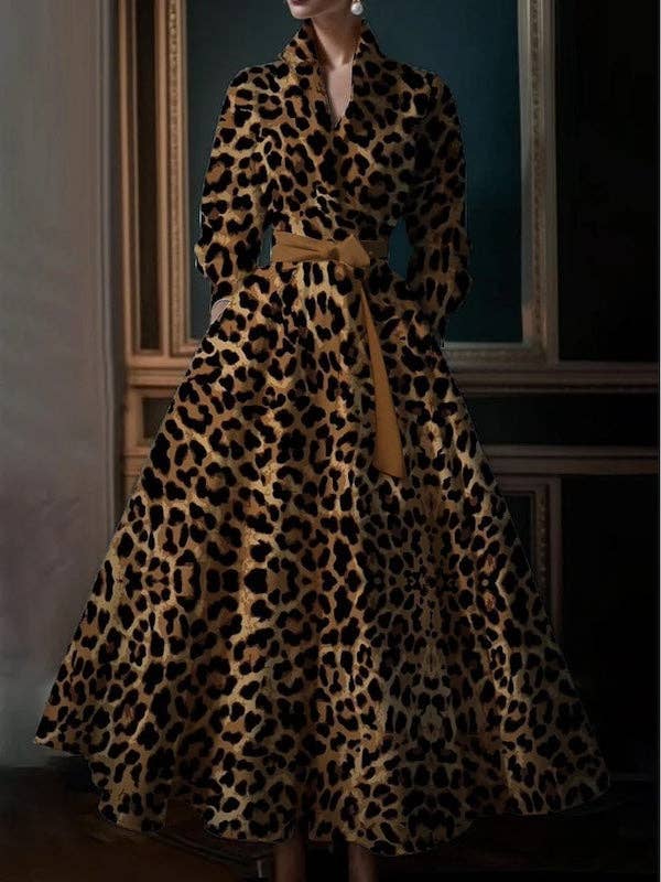 Sheer Trend - High Waisted Long Sleeves Bandage Leopard Pockets Stand Collar Maxi Dresses: KHAKI / 2XL