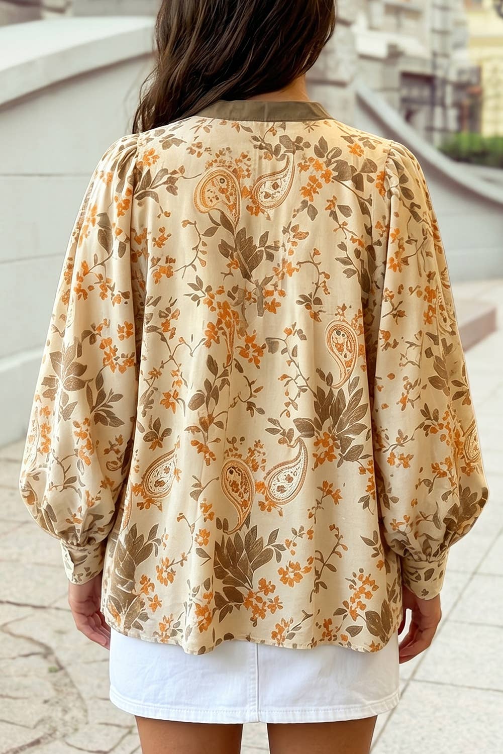 1 the Woman - Floral Tie Neck Balloon Sleeve Peasant Blouse S–4X: Khaki / S
