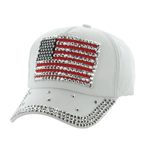 SP Sophia Collection - Rhinestone American Flag Denim Baseball Cap: White