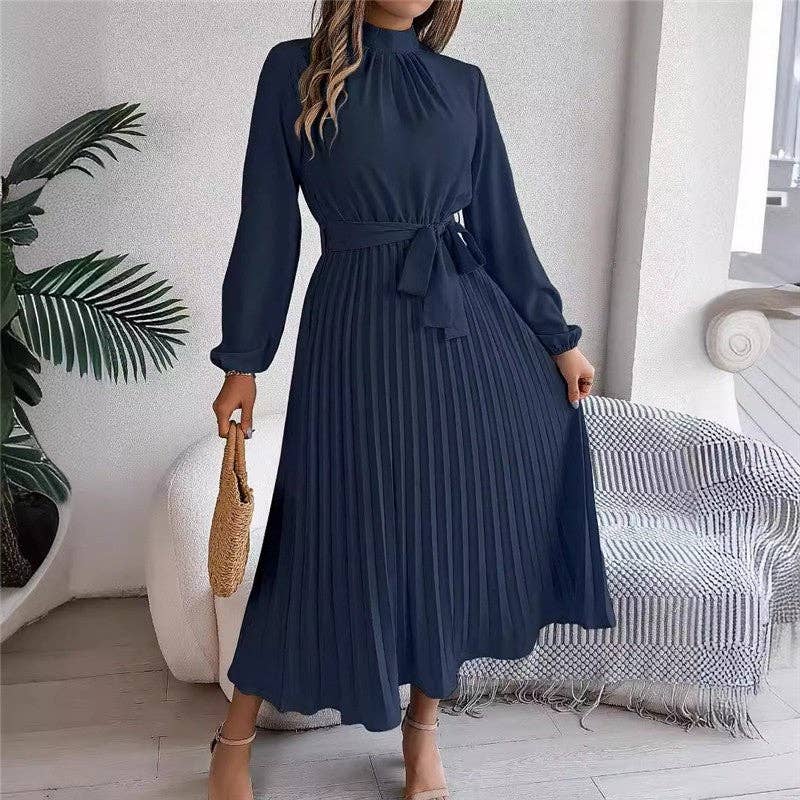 UZ Wholesale Store - Solid Color Stand Collar Long Sleeve Pleated Maxi Dress: BABY BLUE / XL