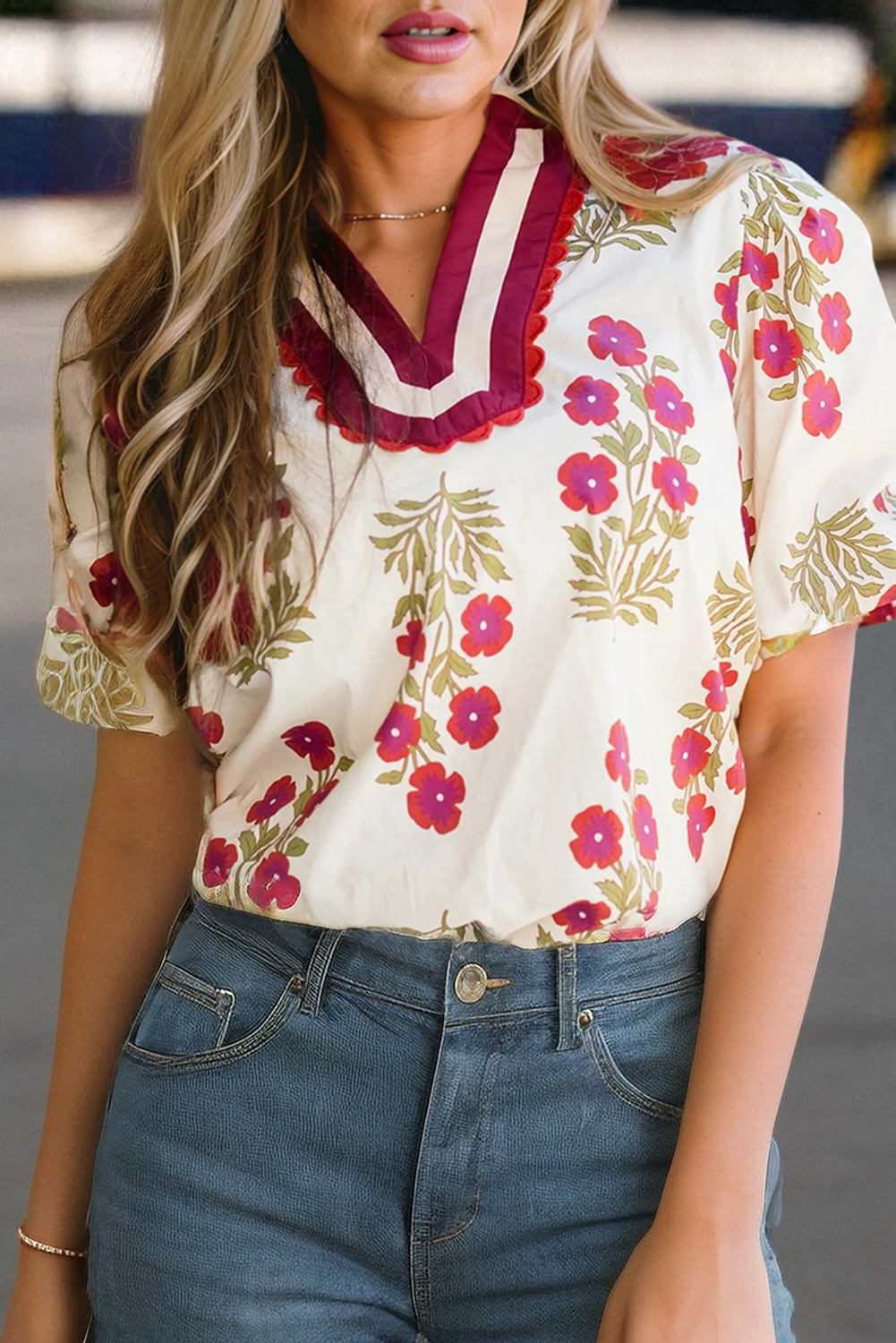 66DISCO - Floral Short Bubble Sleeve Contrast Plus Size Top (S-4X): Black / 3X