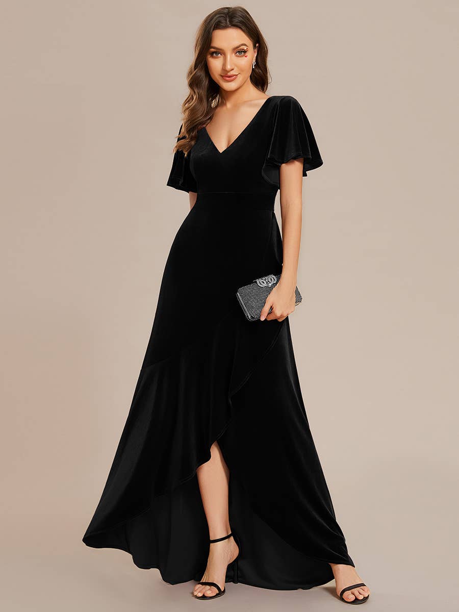 Ever-Pretty - High-low V Neck Evening Dress with Short Sleeves: Dark Purple