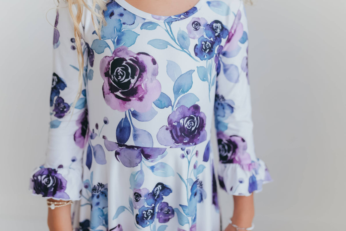 Oopsie Daisy - Girls Lavender Winter Floral Long Sleeve Ruffles Dress: 7/8