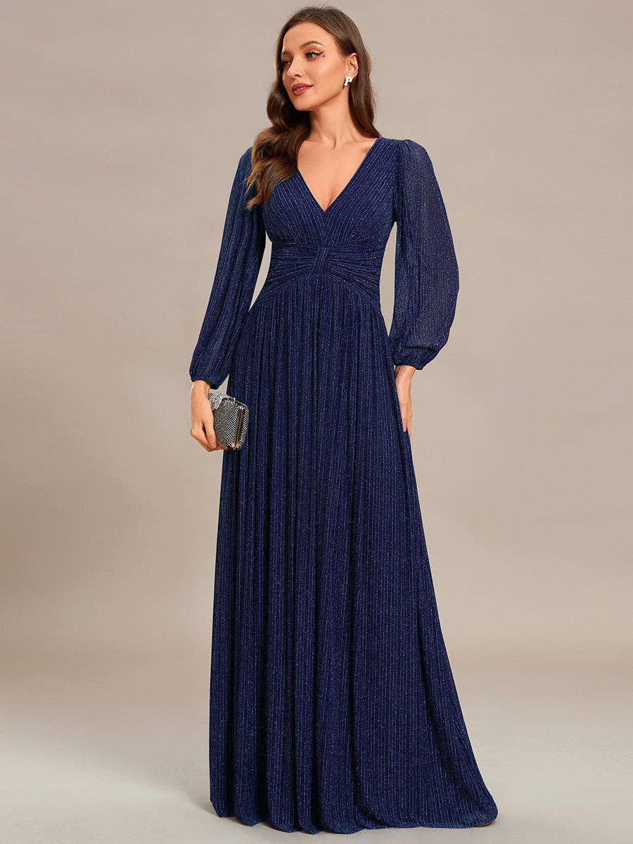 Ever-Pretty - Maxi Long Chiffon Waist V Neck Long Sleeves Evening Dress: Burgundy / 14