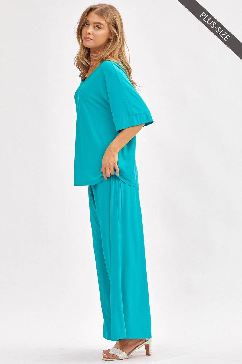 Dear Scarlett - PLUS SIZE Stylish Flowy Top + Wide Leg Set TRVSET-CABANAP: EMERALD / 3X