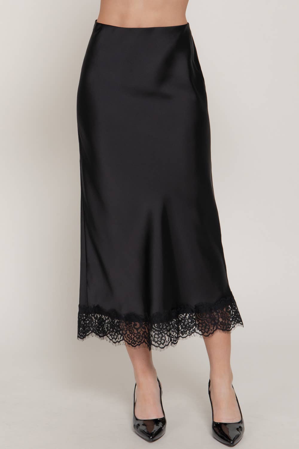 42POPS -  Mid-rise Lace Trim Satin Midi Skirt: RED-RED