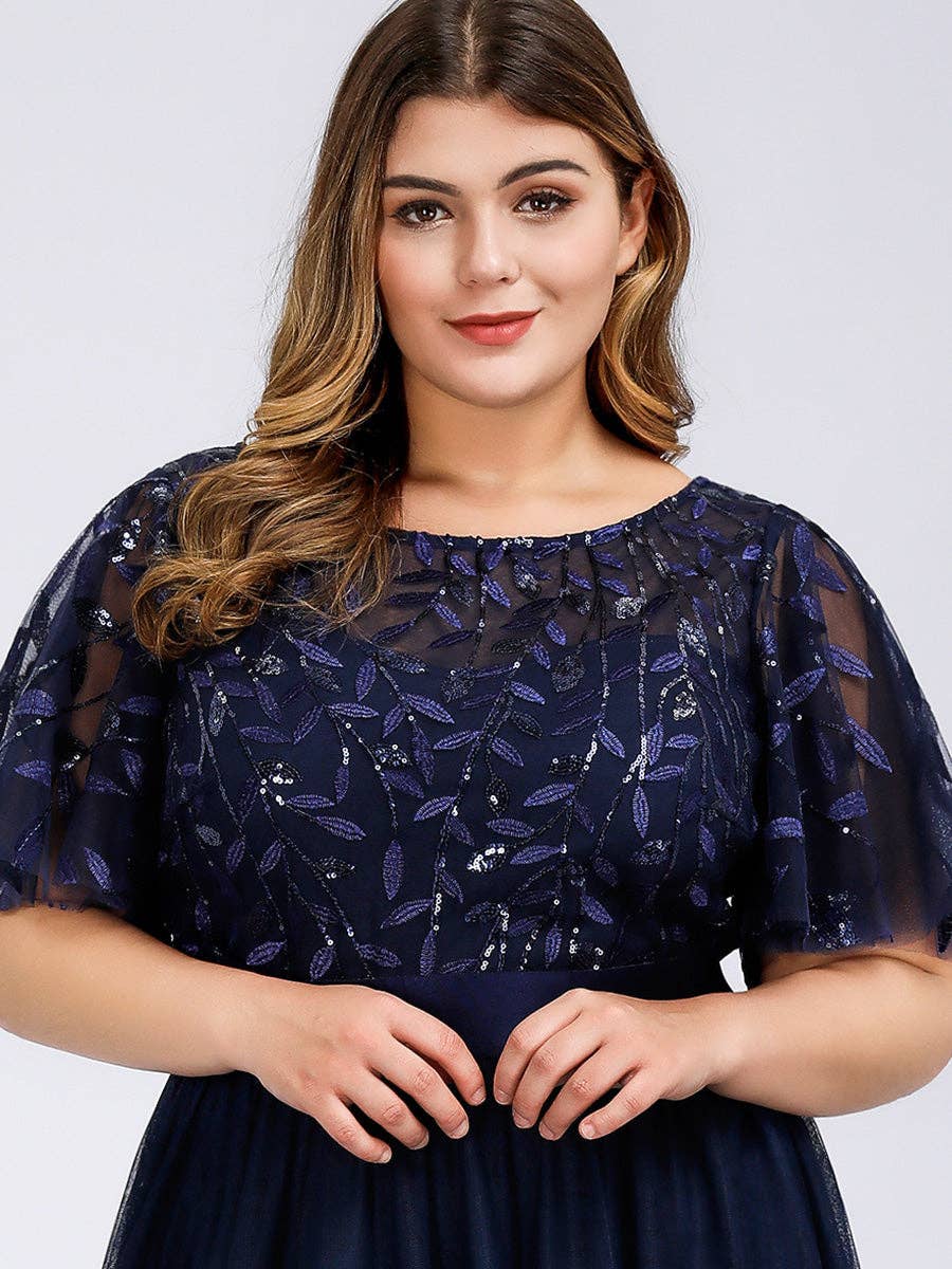 Ever-Pretty - Sequin Print Maxi Long Evening Dresses with Cap Sleeve: Dusty Navy / 14