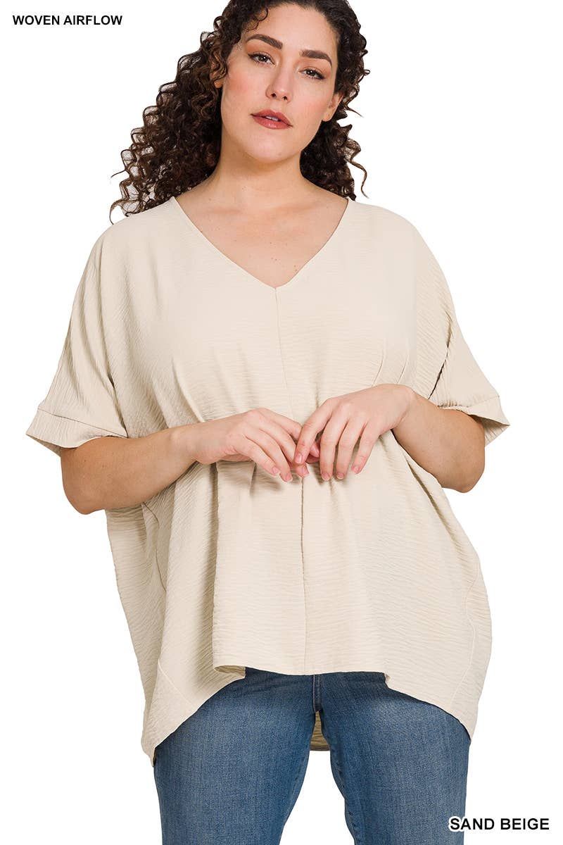42POPS - PLUS SIZE WOVEN AIRFLOW V-NECK DOLMAN SHORT SLEEVE TOP: BLACK-152213 / 2X