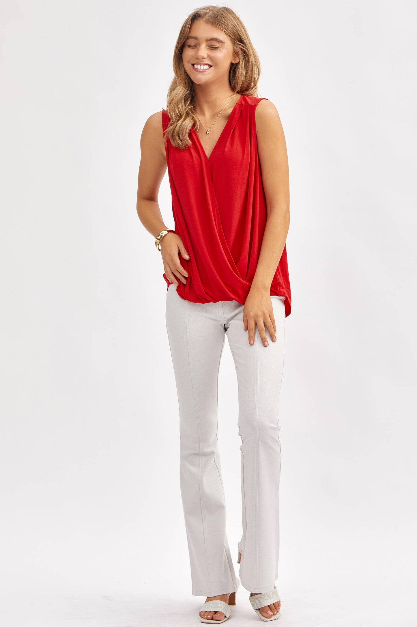 Dear Scarlett - Surplice V Neck Solid Sleeveless Tank Top: BLACK / L