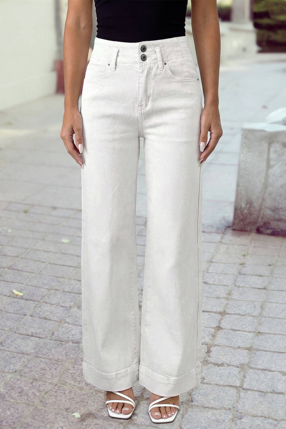 1 the Woman - High Waisted Double Button Wide Leg Elastic Denim Jeans: Black / 16