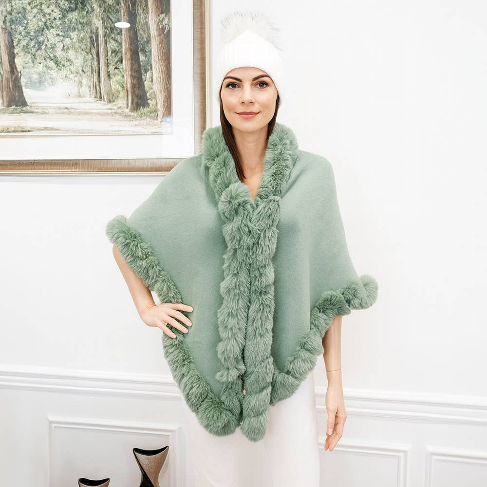 Sensibling Corp. - Elegant Faux Fur Trim Cape Poncho: Gray,Light