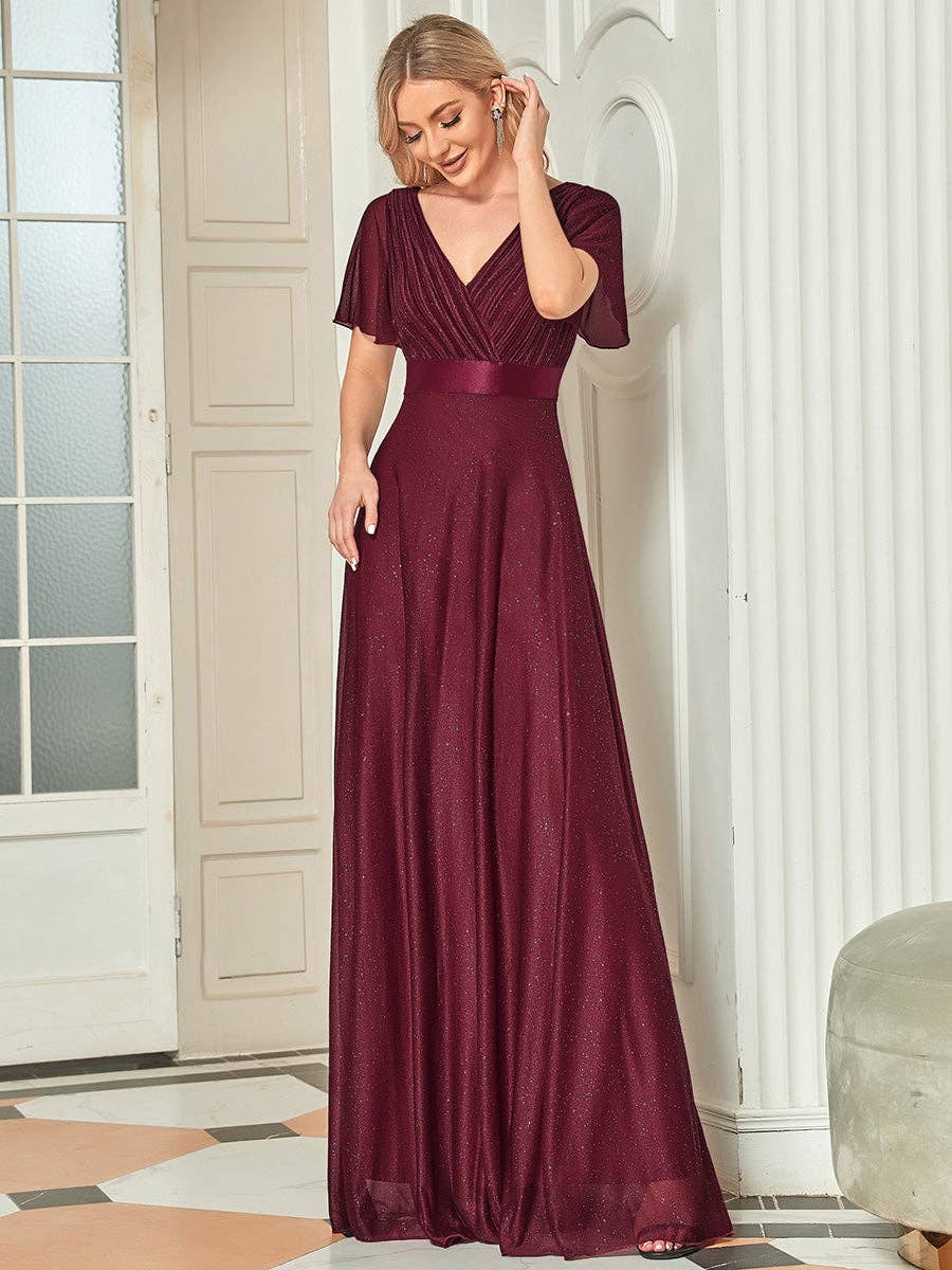 Ever-Pretty - Deep V Neck Ruffles Sleeve A Line Evening Dress: Dark Green / 24