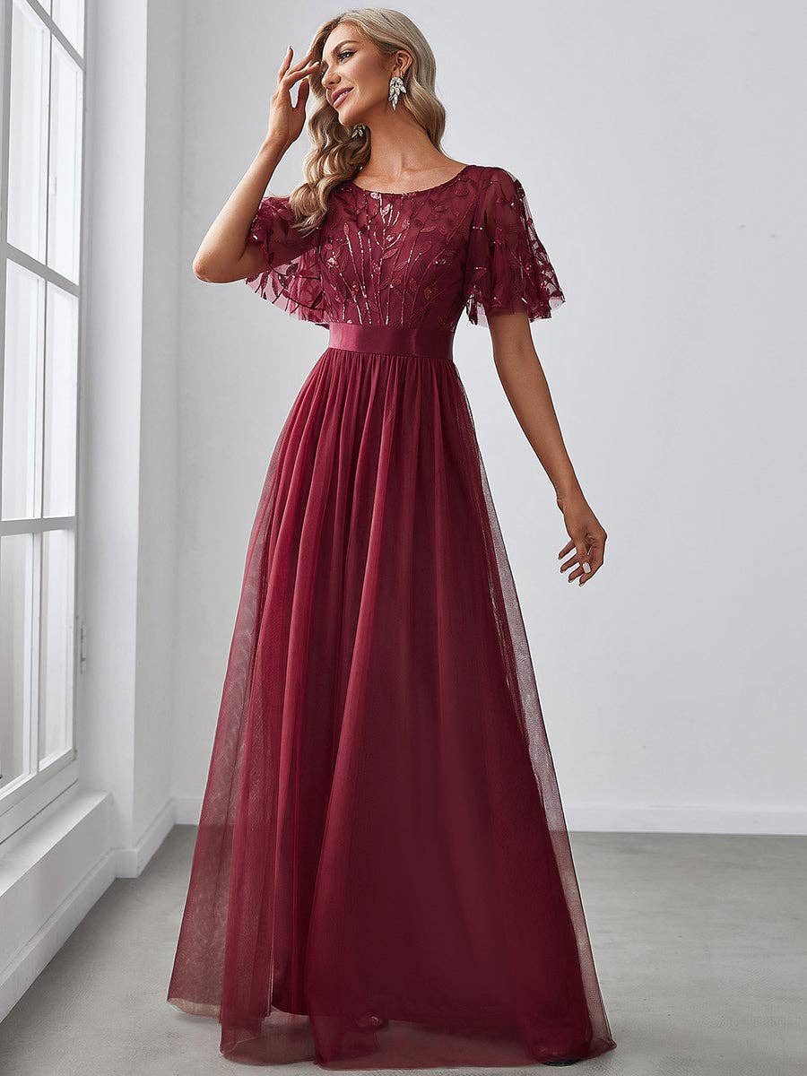 Ever-Pretty - Sequin Print Maxi Long Evening Dresses with Cap Sleeve: Dusty Navy / 16