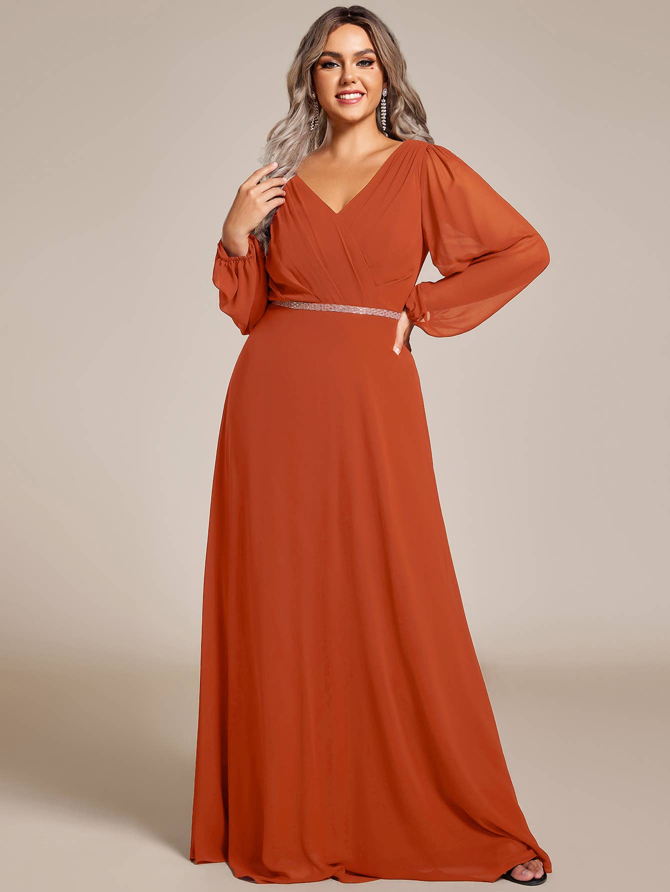 Ever-Pretty - Elegant waisted chiffon V-neck Long Sleeve guest Dress: Burgundy / 12