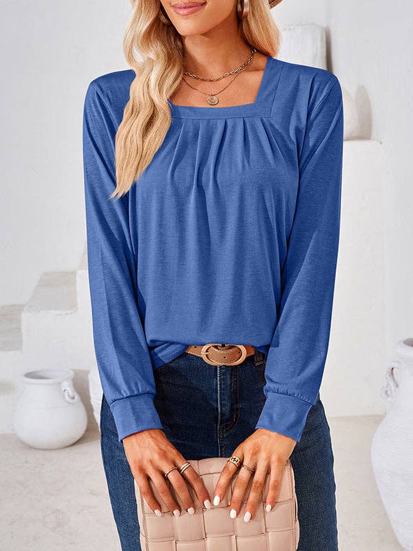 UZ Wholesale Store - Long Sleeves Loose Pleated Solid Color Square-Neck T-Shirts Tops: PINK / M