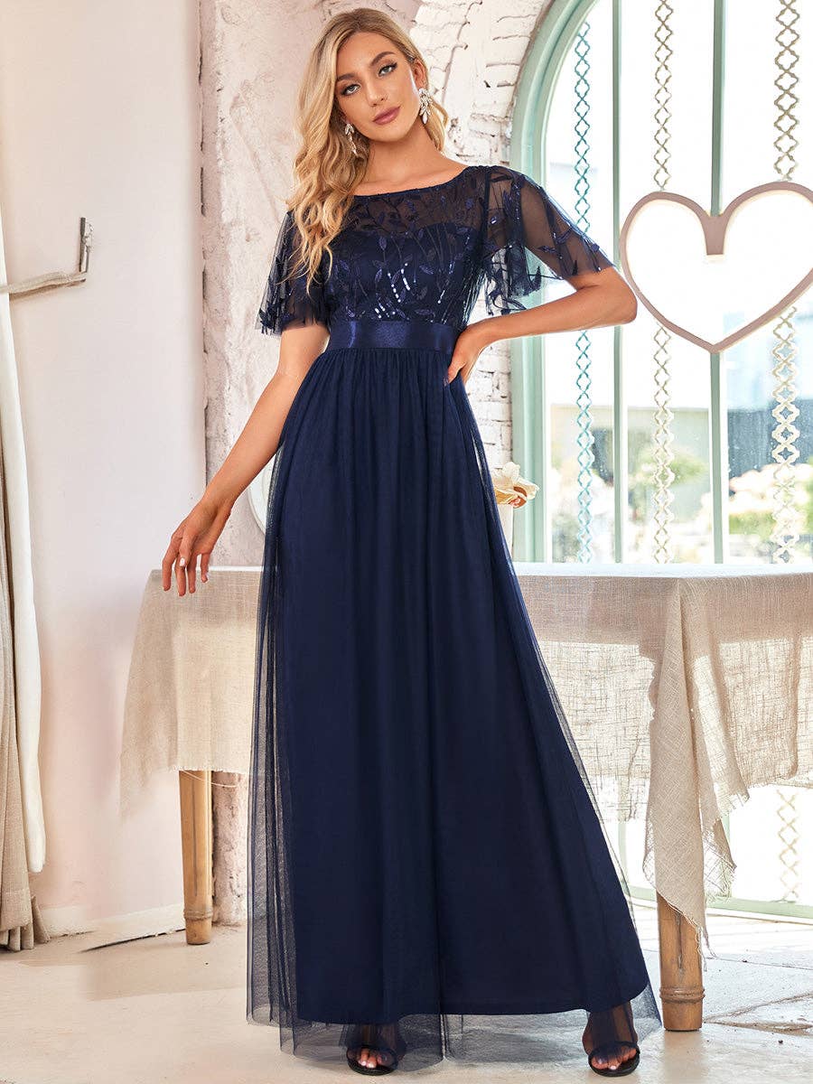 Ever-Pretty - Sequin Print Maxi Long Evening Dresses with Cap Sleeve: Dusty Navy / 14