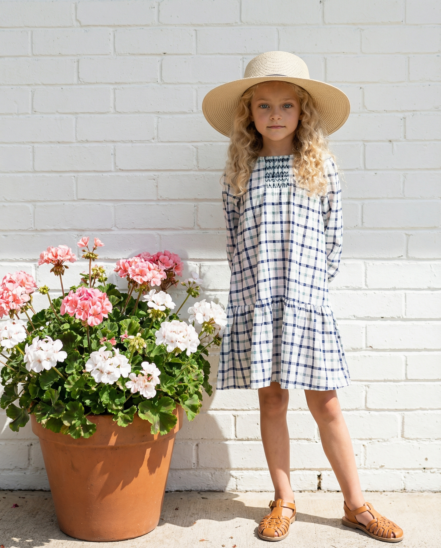 Oopsie Daisy - Girls Navy & White Plaid Smocked Ruffle Spring Dress: 10/12