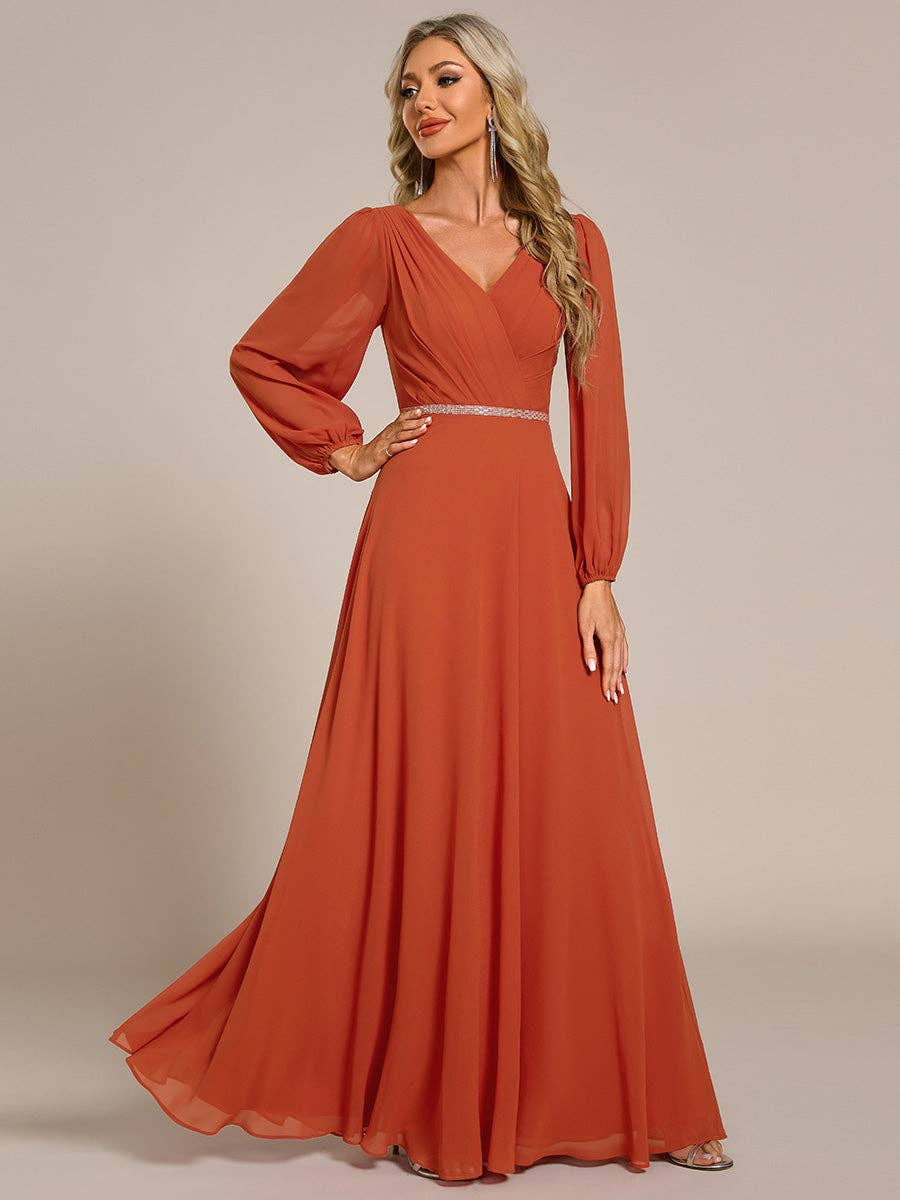 Ever-Pretty - Elegant waisted chiffon V-neck Long Sleeve guest Dress: Burgundy / 12