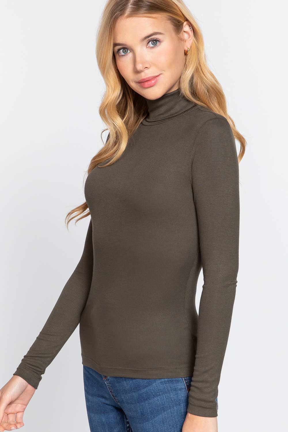 42POPS - `.Long Sleeve Turtle Neck Rib Knit Top: OLV-olive-170711 / L