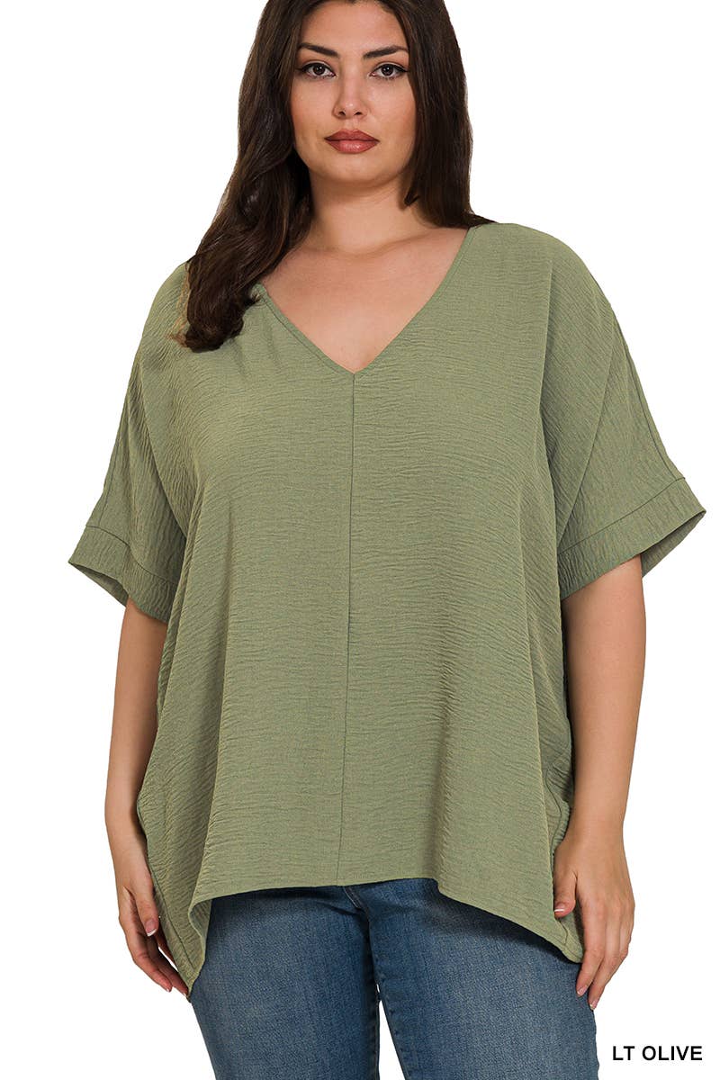 42POPS - PLUS SIZE WOVEN AIRFLOW V-NECK DOLMAN SHORT SLEEVE TOP: BLACK-152213 / 3X