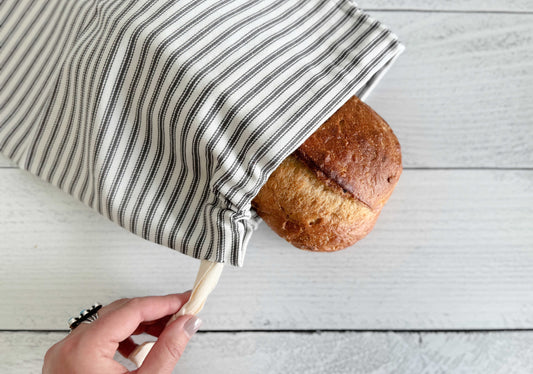 Grey Ticking Stripe Bread Bags, set of two