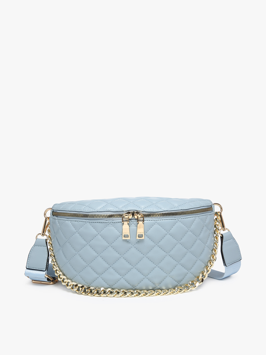 M2402 Sylvie Quilted Belt Bag w/ Chain Strap: Blue/Grey