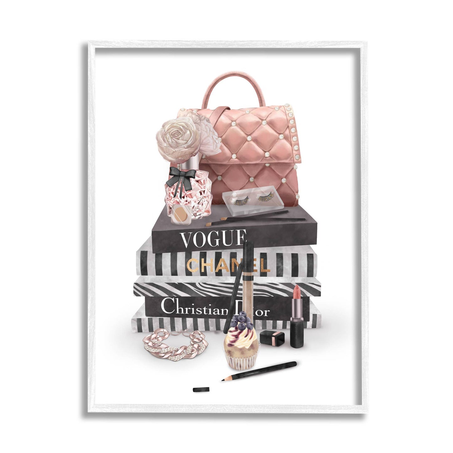 Stupell Industries - Fashion Bookstack Purse Perfume Pink Glam Design Framed