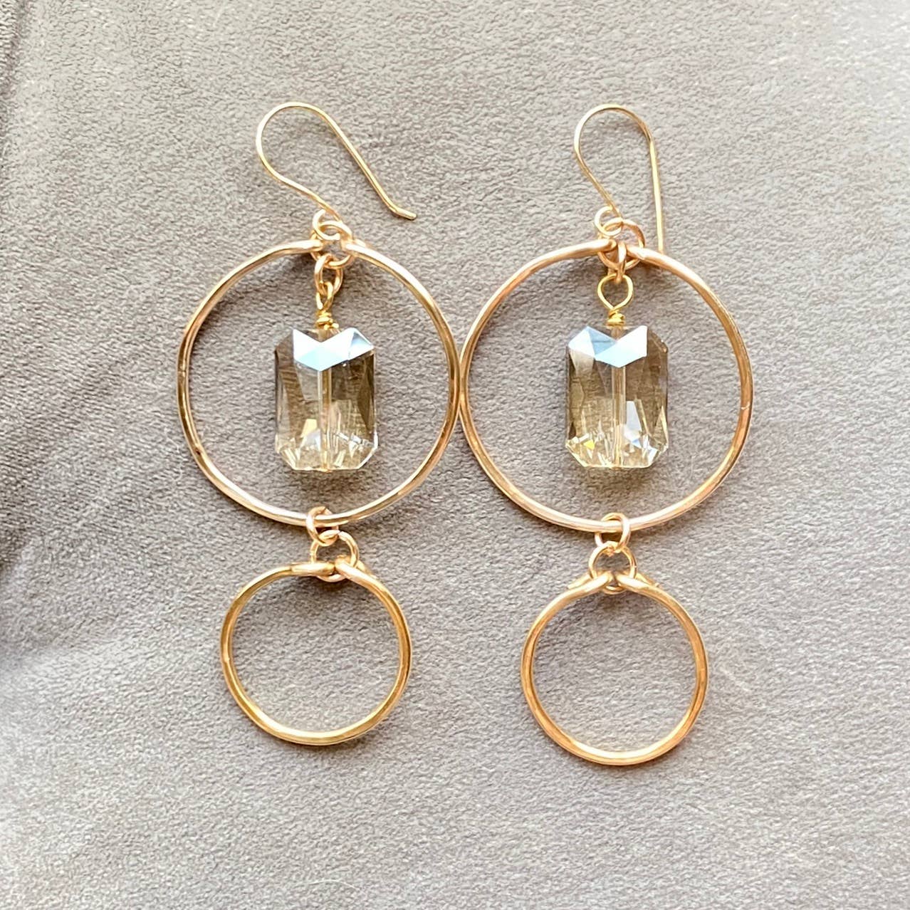 Marble Designs Jewelry - Gold Hammered Double Hoop Earrings with Champagne Crystal: Champagne